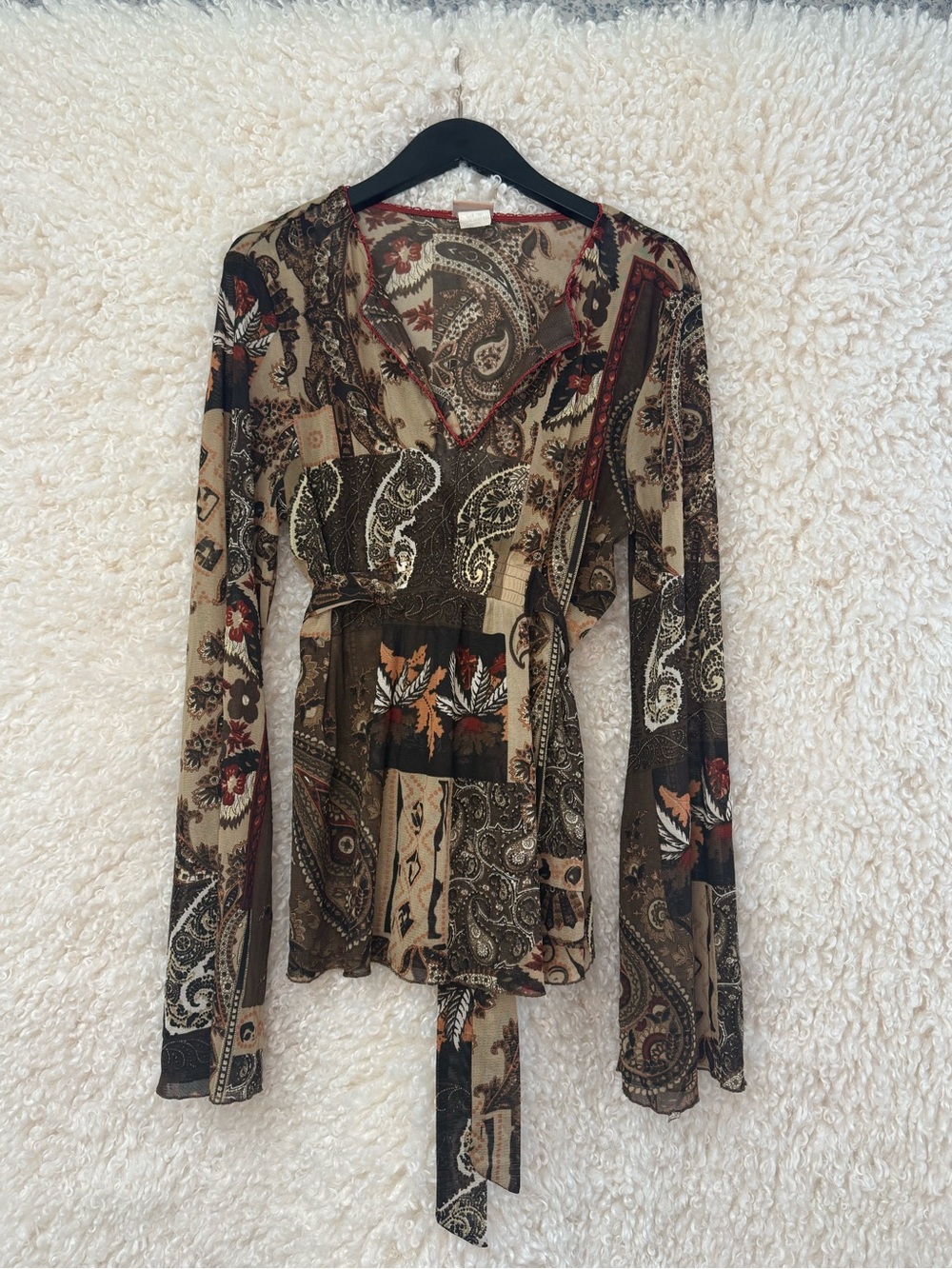 Vintage Y2K Boho Paisley Patchwork V-Neck Tie-Waist Top in Earth Tones